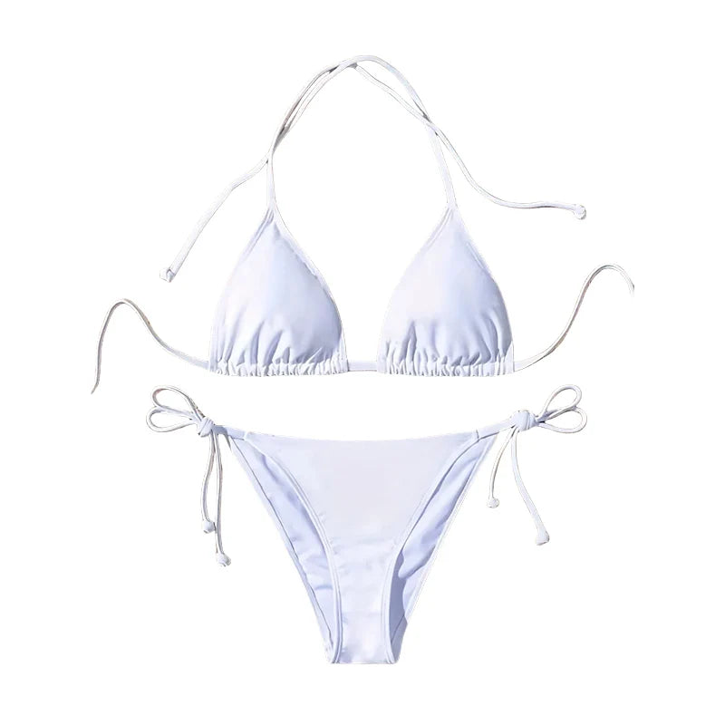 1 traje de baño para mujer, conjunto de Bikini acanalado con almohadillas y espalda descubierta, sujetador triangular con cuello Halter, Tanga con lazo lateral, ropa de playa, traje de baño para mujer