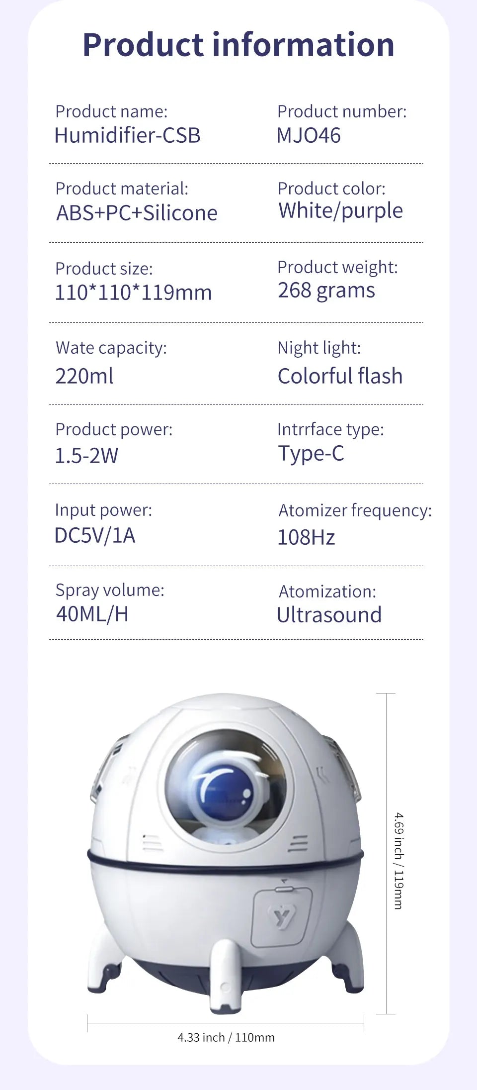 Luz LED Nocturna Humidificador Cápsula Espacial