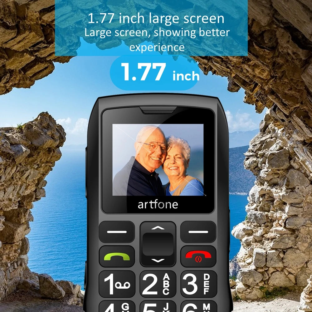 Teléfono móvil para personas mayores Artfone C1+ con base de carga gratuita, teclado grande de goma, para personas mayores, doble SIM, botón SOS, FM, 1400 mAh