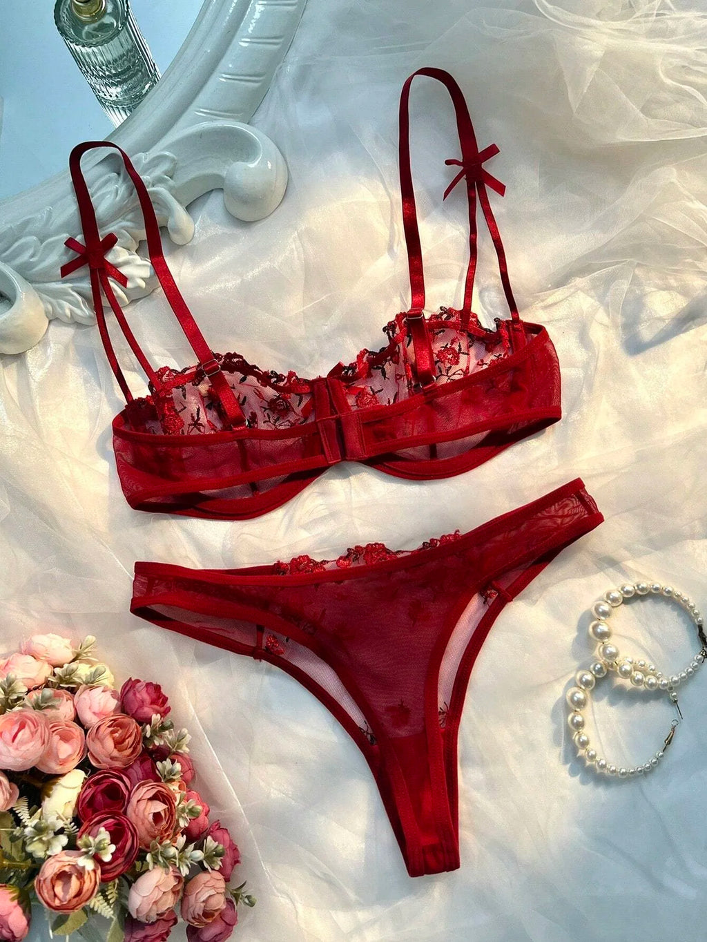 Conjunto de Sujetador y Braguitas con Bordado Floral para Mujer