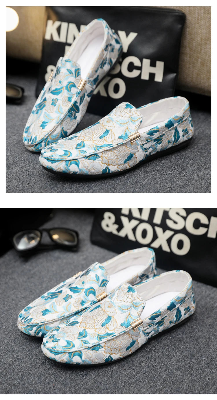 Zapatos Casuales Florales para Hombre | Estilo Mocasín Azul y Blanco