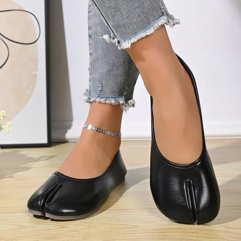 Zapatos Planos Mujer Punta Dividida Cuero PU, Sin Cordones, Comodidad