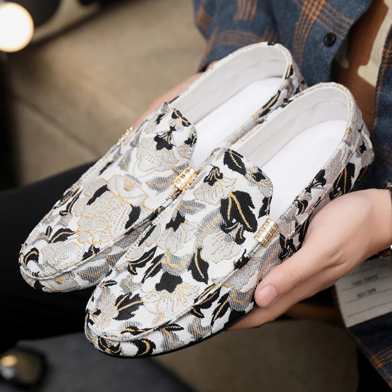 Zapatos Casuales Florales para Hombre | Estilo Mocasín Azul y Blanco