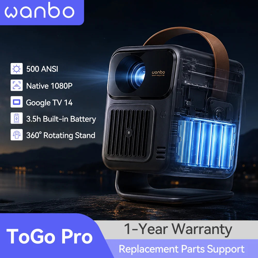 Proyector portátil Wanbo Togo Pro, 500 ANSI, 1080P, Google TV, batería 3,5h
