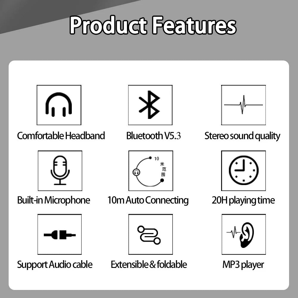 Auriculares Bluetooth 5.3 Inalámbricos con Micrófono y Radio FM