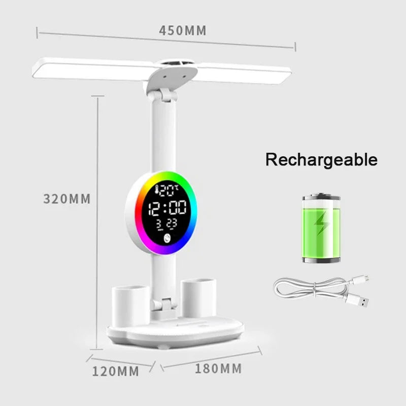 Lámpara de mesa Led para estudio, lámpara de escritorio, luz de lectura, luz nocturna Led con ventilador, reloj Led, pantalla, luz de escritorio de lectura
