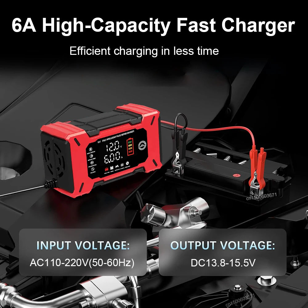 Cargador de batería inteligente 12V 6A con reparación por pulsos para autos y motos