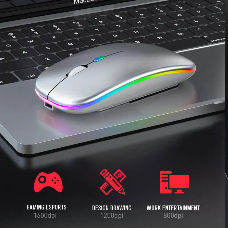 Ratón inalámbrico Bluetooth 5,0 con luz RGB recargable por USB para ordenador portátil, PC, Macbook, 2,4 GHz, 1600DPI