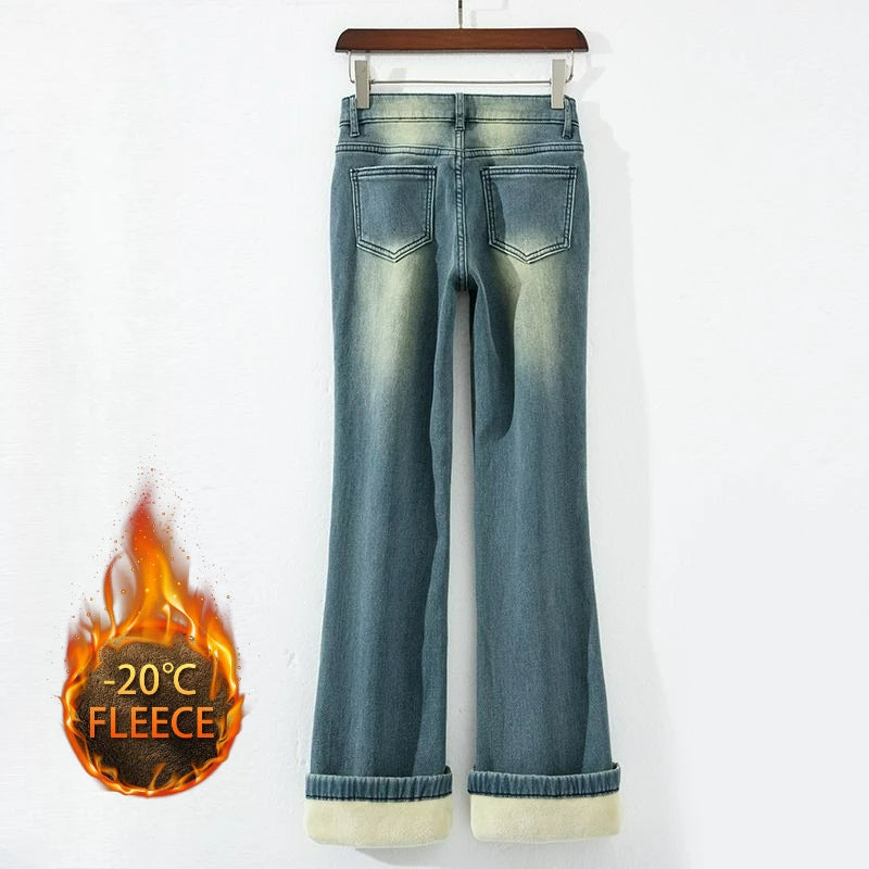 Pantalones Vaqueros Vintage con Forro Polar de Pierna Recta