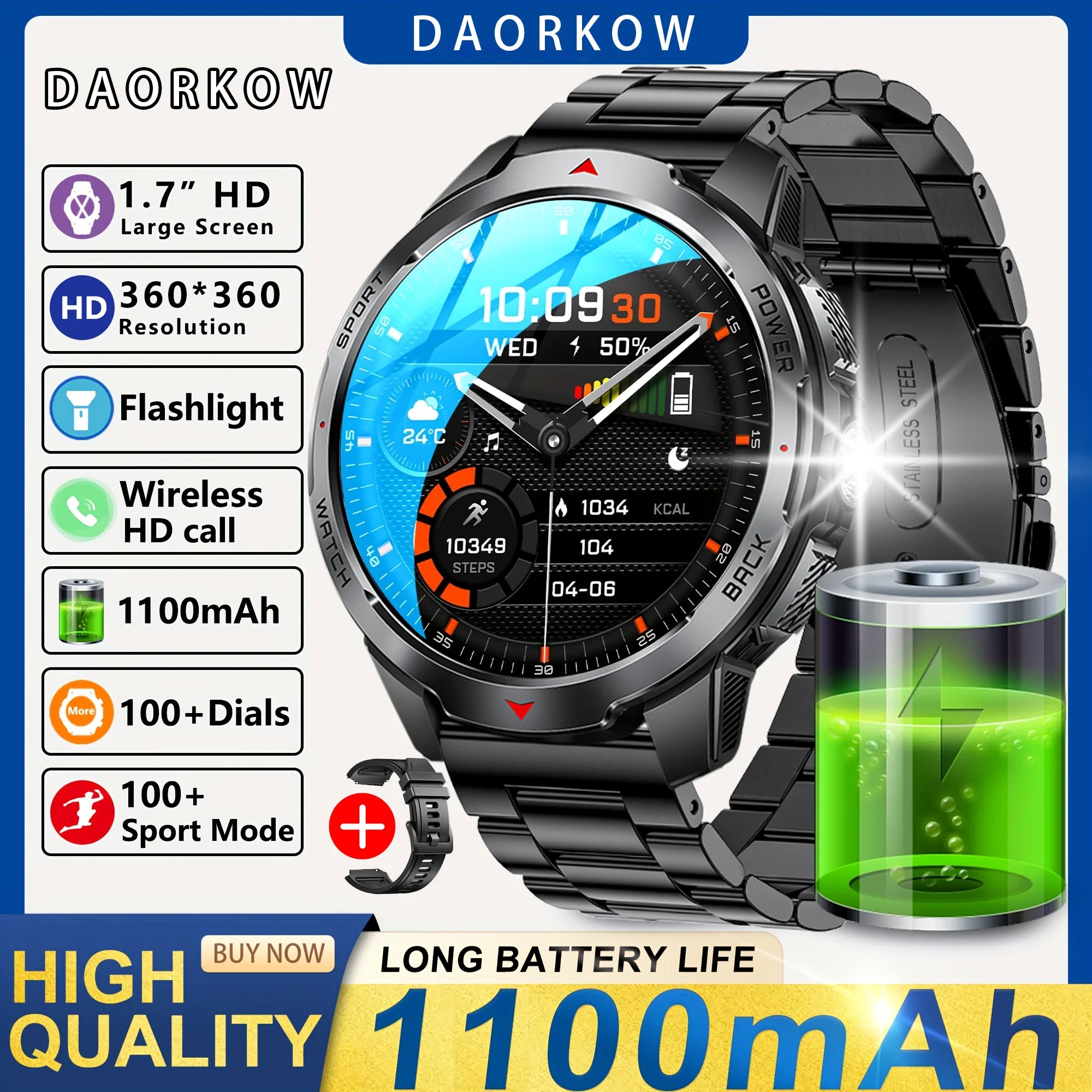 Reloj Inteligente KT88 Brújula Linterna 1100mAh
