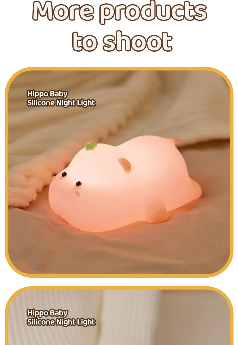 Luz nocturna de hipopótamo rosa para niños, Linda luz nocturna de silicona, carga USB, lámpara de sincronización táctil, decoración de escritorio, regalo