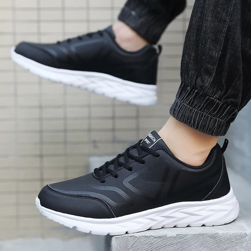 YRZL-Zapatillas deportivas impermeables de cuero para hombre, zapatos deportivos cómodos para caminar, resistentes al desgaste, color negro