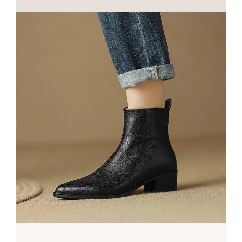 2025 Nuevos botines para mujer: botines minimalistas de tacón medio con punta puntiaguda y cuero suave y cremallera lateral, botas de moda adelgazantes