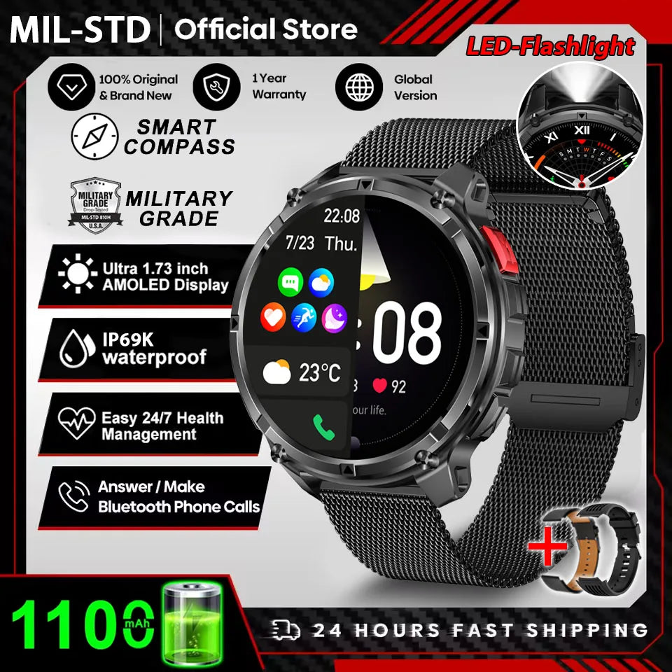 Reloj Inteligente AMOLED 1100mAh con Linterna LED, IP69 y Llamadas Bluetooth
