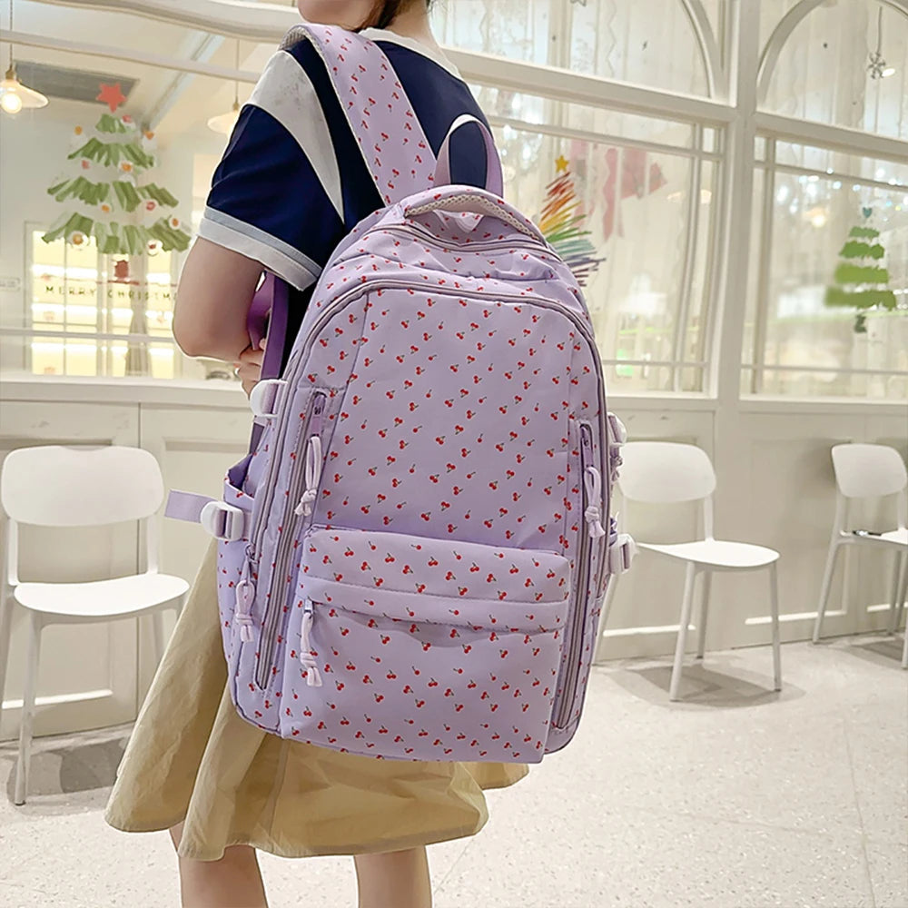 Mochila de Nailon con Estampado de Cerezas y Lazos, Mochila Grande con Múltiples Bolsillos, Ligera y Resistente al Agua para la Escuela y Uso Diario
