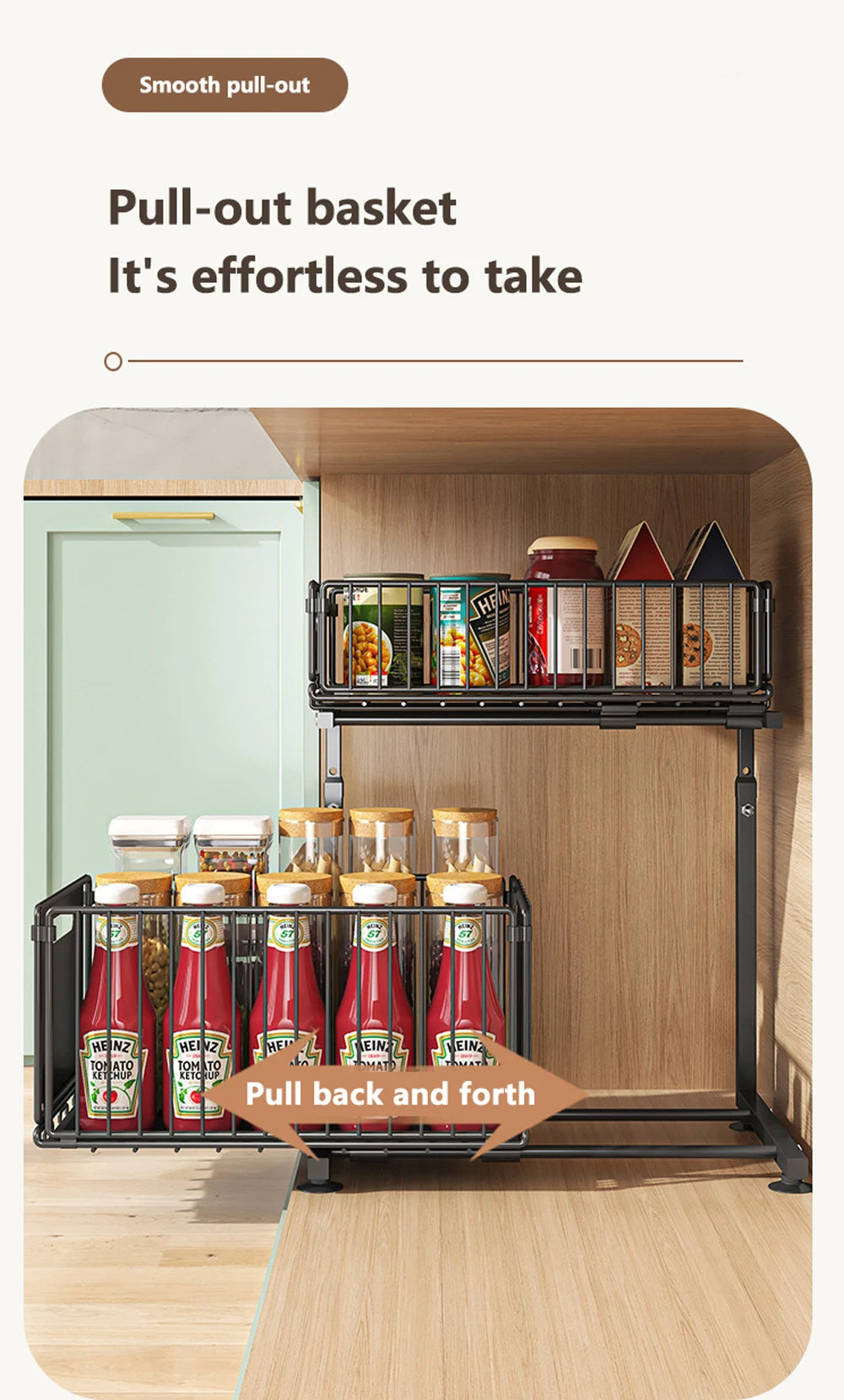 Organizador de gabinete extraíble de 2 niveles, estante de almacenamiento de cocina ajustable, organizador debajo del fregadero, estante de almacenamiento para tarros de especias, cajón deslizante