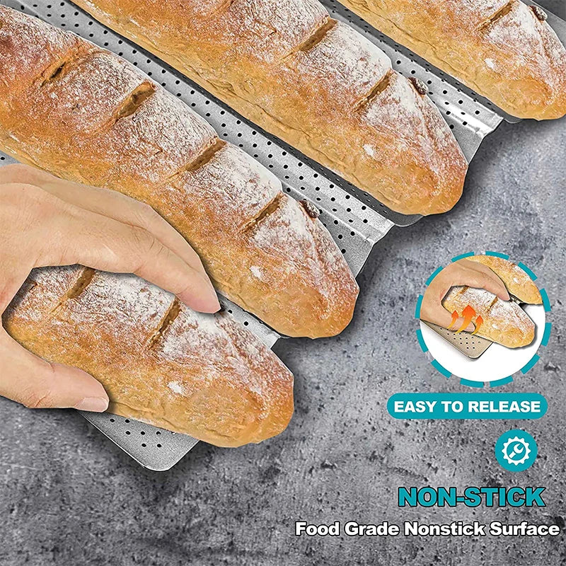 LMETJMA Pan para hornear pan francés perforado antiadherente, sartén Baguette de acero al carbono, pan francés, 4 pan ondulados, molde para hornear pan JT158