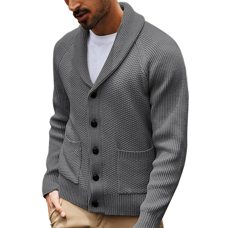 2025 Jersey nuevo de punto para hombre, cárdigan de manga larga con cuello abotonado y bolsillo, suéter informal de invierno para hombre