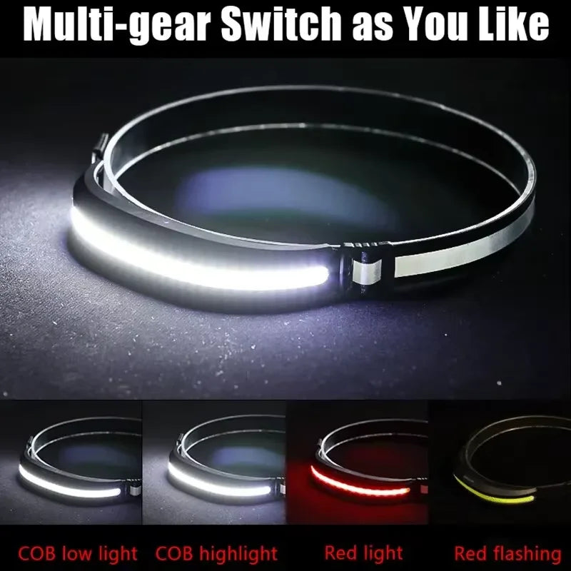 Linterna Frontal COB Recargable USB con Luz Blanca y Roja para Camping y Pesca