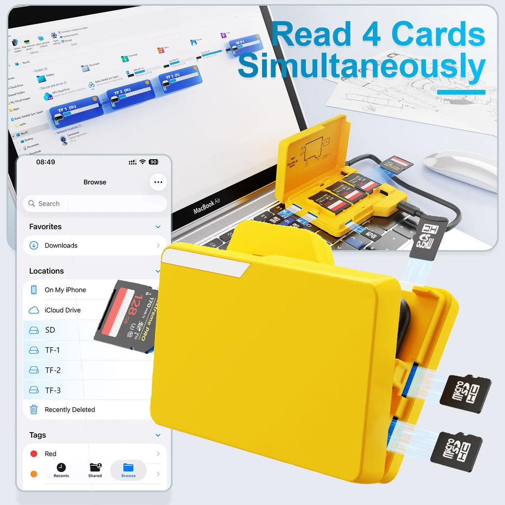 Lector de Tarjetas de Memoria SD BUDI, Lectura y Escritura Simultánea de 4 Tarjetas, con Estuche de Almacenamiento Tipo Carpeta de 15 Ranuras, Compatible con Tipo-C