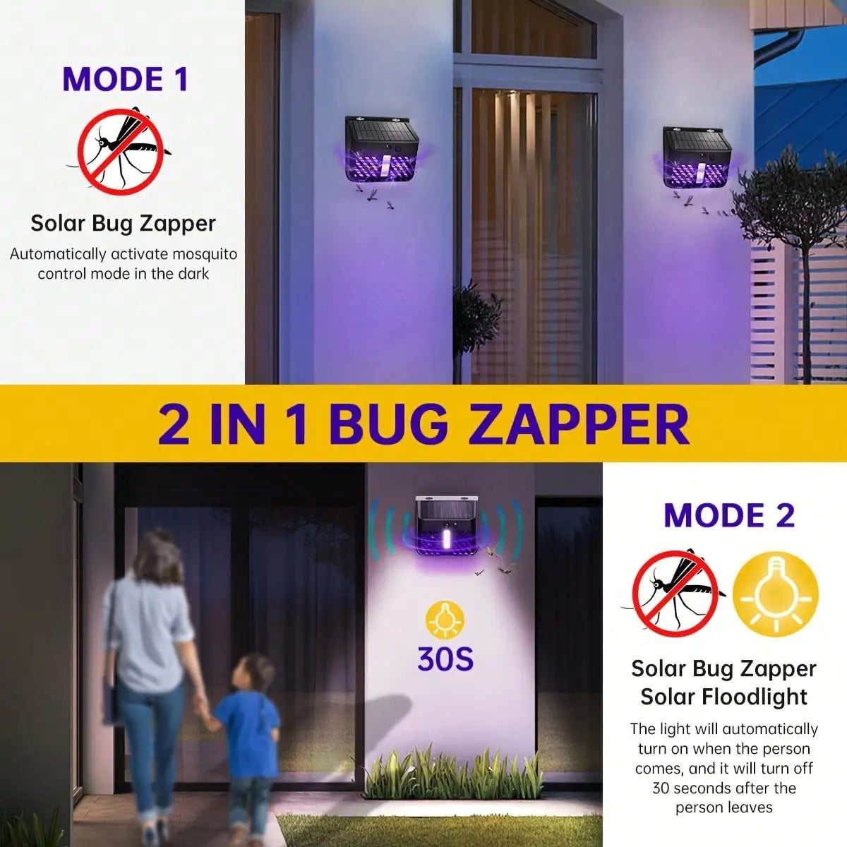 Luz solar, exterminador de insectos, matamosquitos para exteriores con sensor de movimiento, trampa para moscas impermeable con energía solar para jardín, patio, pared