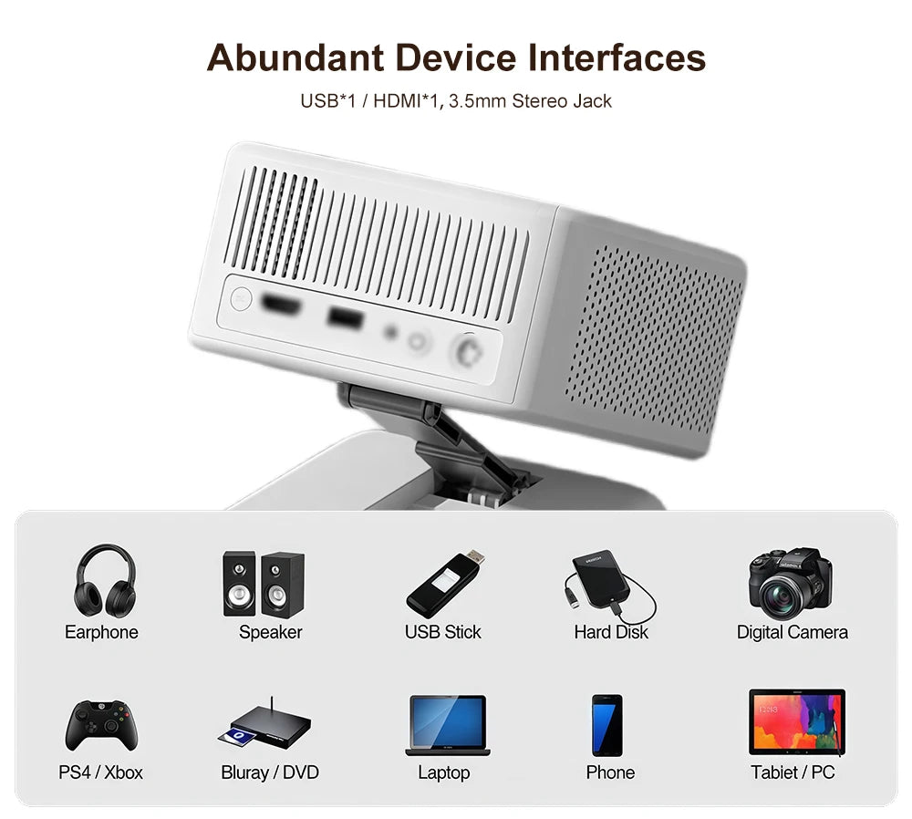 Mini Proyector Everycom SKY-R16 con Soporte, 14000 Lúmenes, Portátil, para Exteriores, Camping, Cine en Casa, Android 12, Smart LED Beam, PK HY320