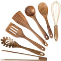 LMETJMA Paquete de 10 utensilios de cocina de madera de teca Natural, juego de utensilios de cocina con espátula y cucharas de madera para cocinar y hornear JT503