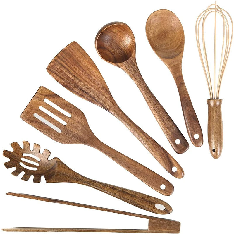 LMETJMA Paquete de 10 utensilios de cocina de madera de teca Natural, juego de utensilios de cocina con espátula y cucharas de madera para cocinar y hornear JT503