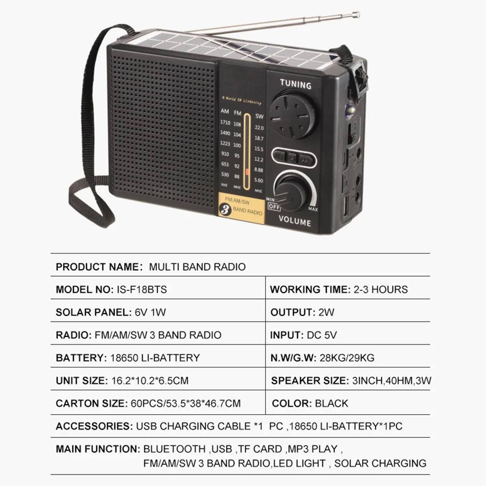 Radio de Emergencia Solar AM FM SW con Linterna LED y Bluetooth
