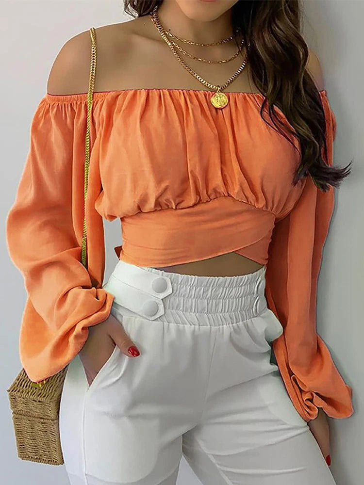 Blusa con Hombros Descubiertos y Lazo de Manga Larga