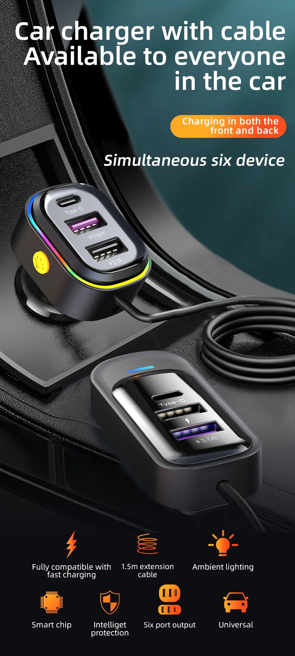 Cargador USB de 6 Puertos para Auto con Extensión para Asientos Traseros
