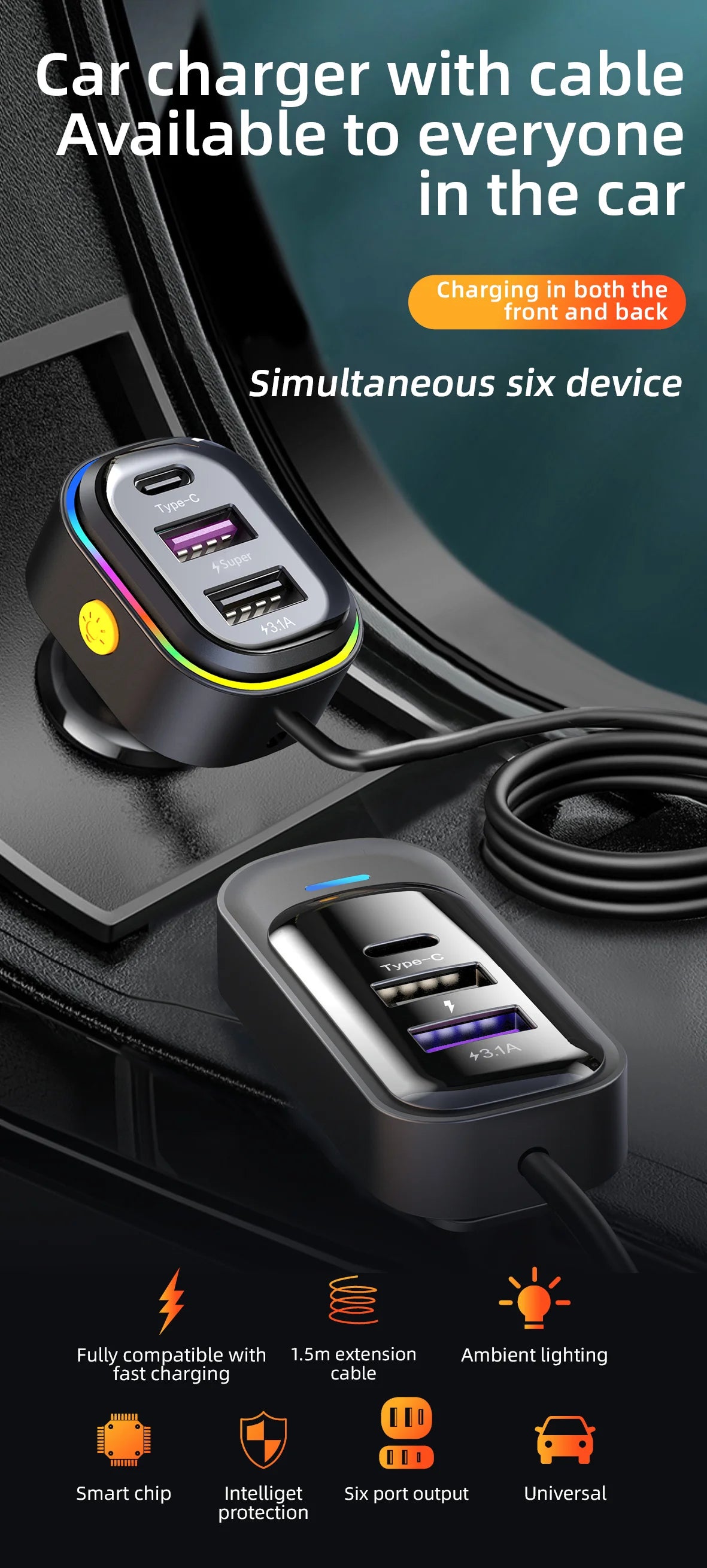 Cargador USB de 6 Puertos para Auto con Extensión para Asientos Traseros