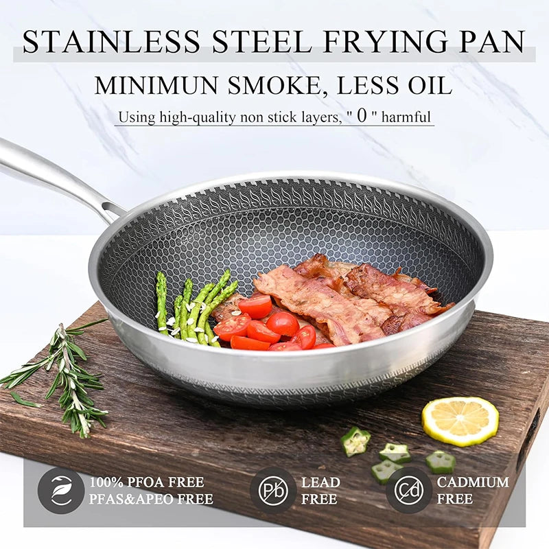 Sartén Wok de acero inoxidable 316, sartén Wok antiadherente de panal, sartén grande para freír con mango, Compatible con inducción JT560