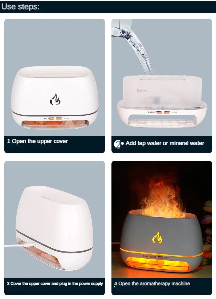 Nuevo Humidificador de aire con Aroma de fuego y llama 3D, piedra de sal de cristal del Himalaya, luz nocturna colorida, difusor de aceite esencial de aromaterapia