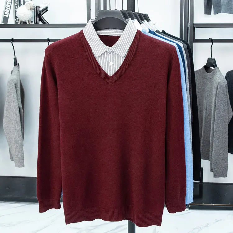 Suéter de punto con cuello de camisa para hombre, azul claro (6 colores), diseño falso de dos capas, estilo informal de negocios    Ajuste elástico y cómodo