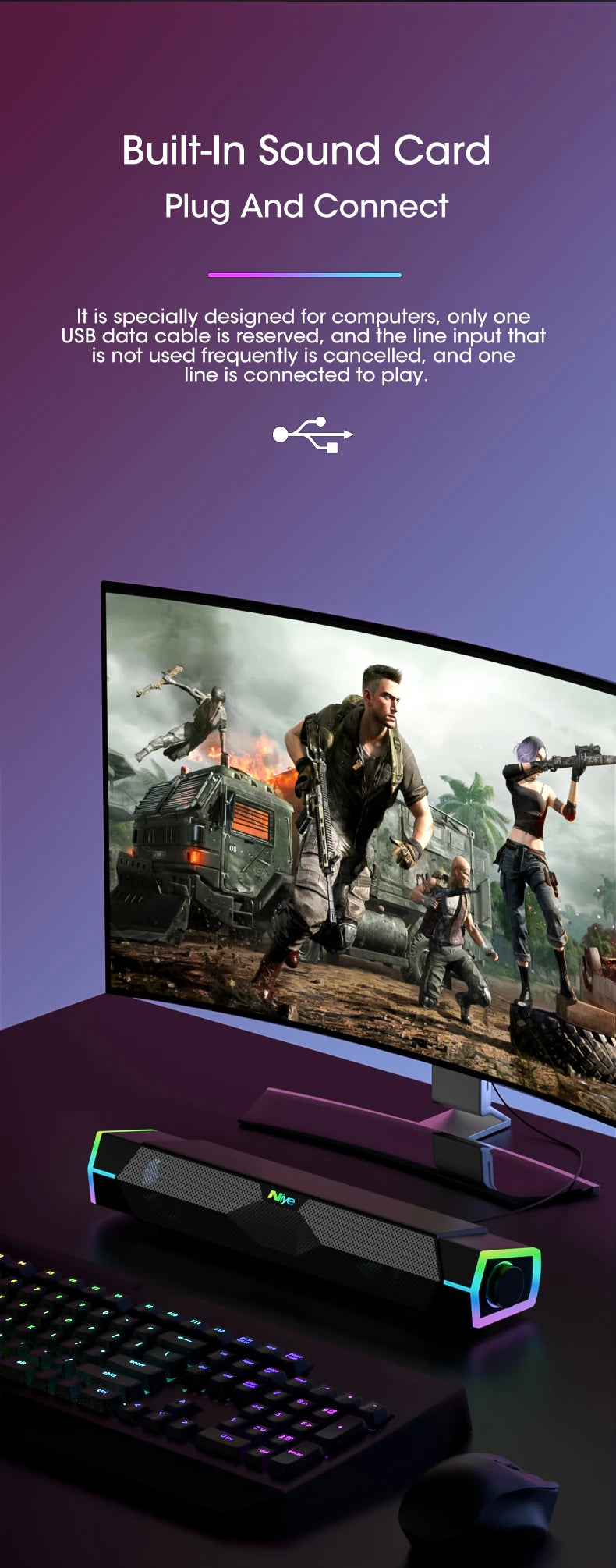 Barra de Sonido Bluetooth 5.0 para PC con Subwoofer y Luces RGB