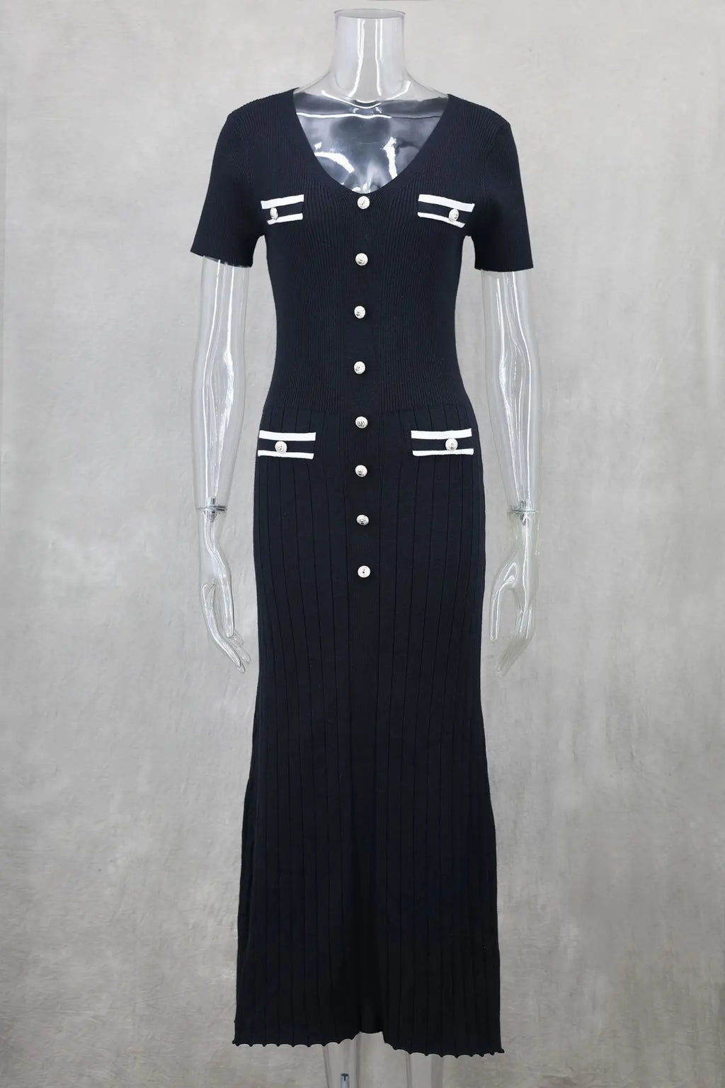 Vestido largo de punto con cuello en V para mujer, suéter elegante de un solo pecho, ropa de calle ceñida al cuerpo, moda de verano, 2024