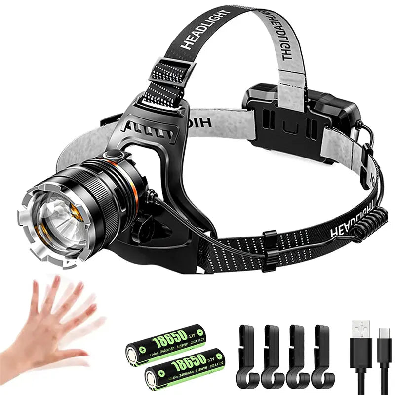 Linterna Frontal LED Recargable 2x18650 con Zoom, para Pesca y Camping