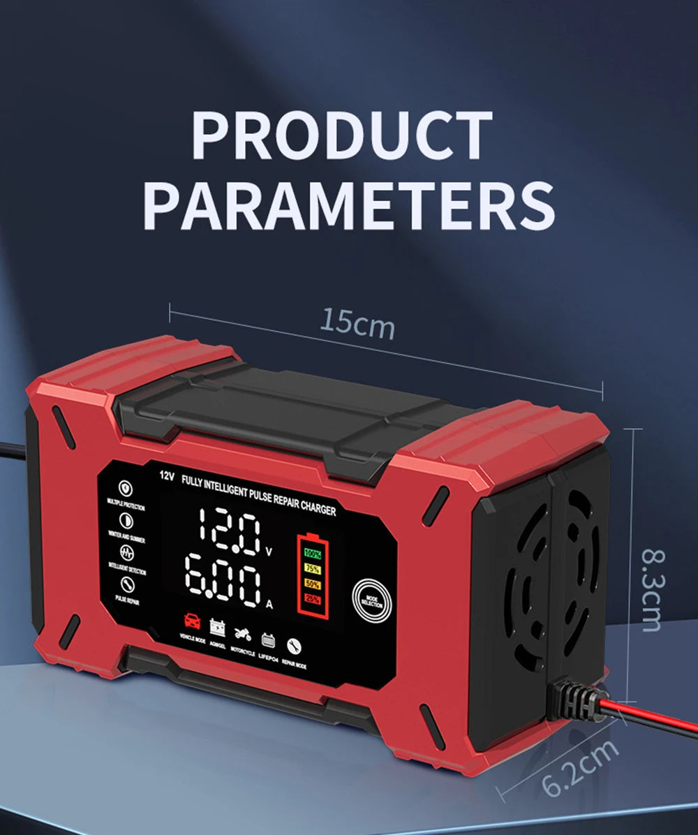 Cargador de batería inteligente 12V 6A con reparación por pulsos para autos y motos