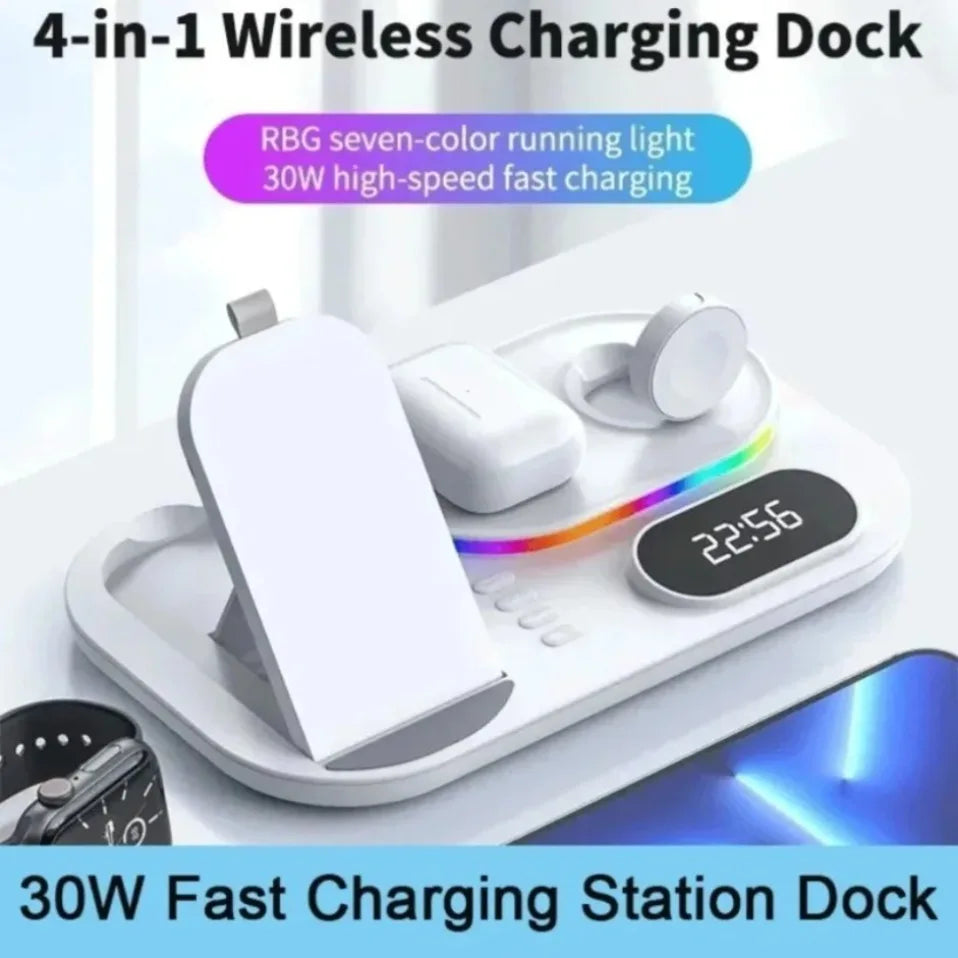 Base de Carga Inalámbrica 4 en 1, Estación de Carga Rápida de 15W para iPhone 12-17, Samsung Galaxy Watch, iWatch, Auriculares Xiaomi
