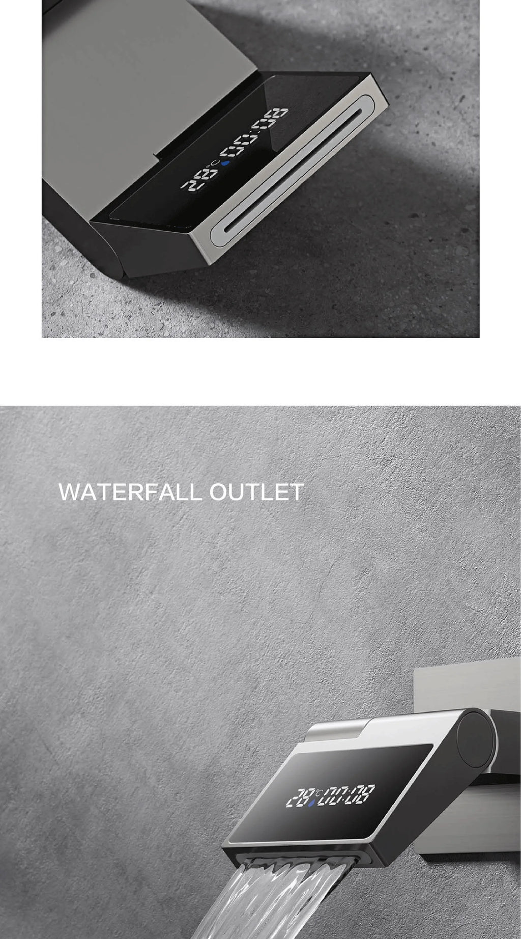 Grifo de baño montado en la pared de latón gris con pistola de lujo con pantalla digital LED Grifo de baño integrado de agua fría y caliente con una sola manija