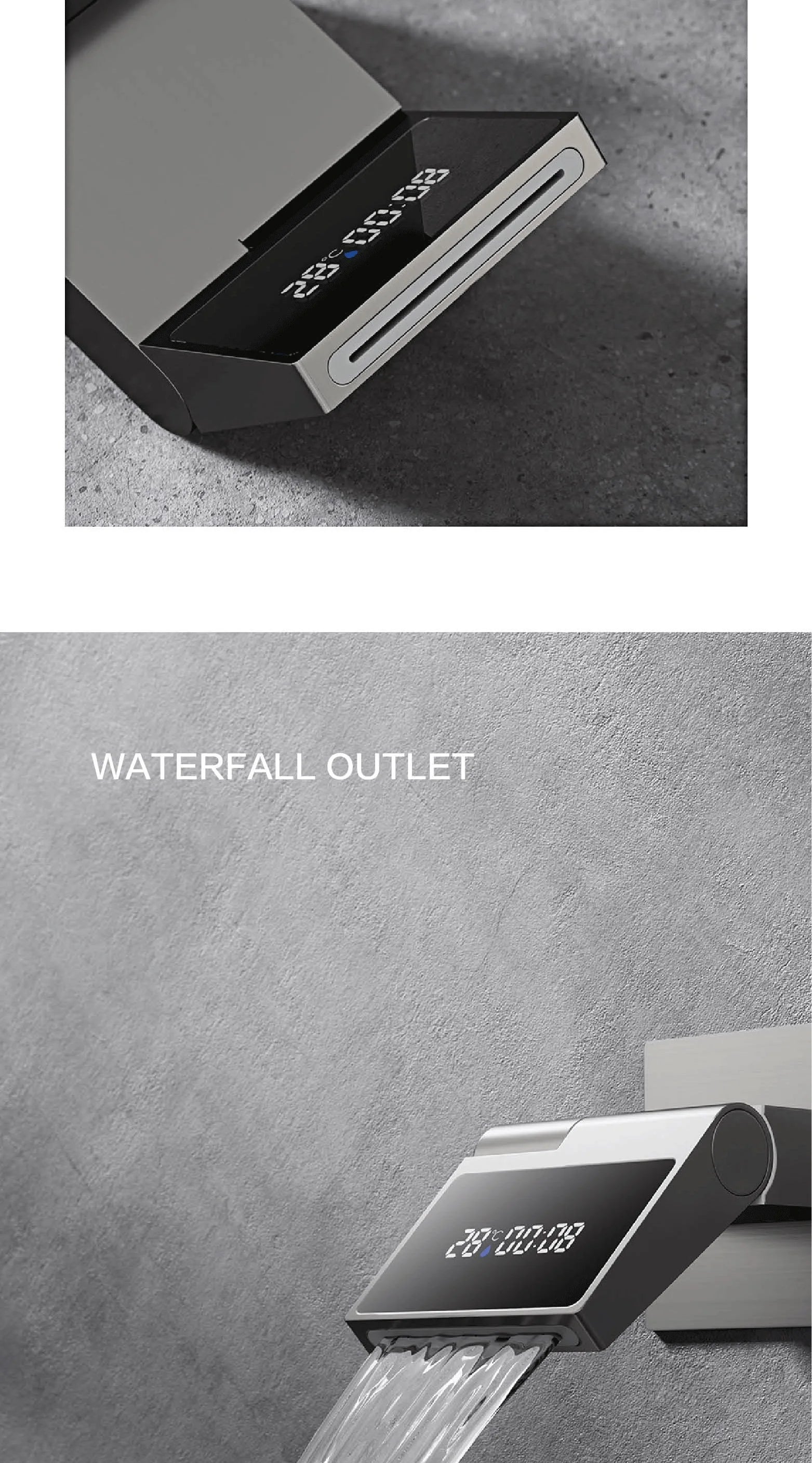 Grifo de baño montado en la pared de latón gris con pistola de lujo con pantalla digital LED Grifo de baño integrado de agua fría y caliente con una sola manija