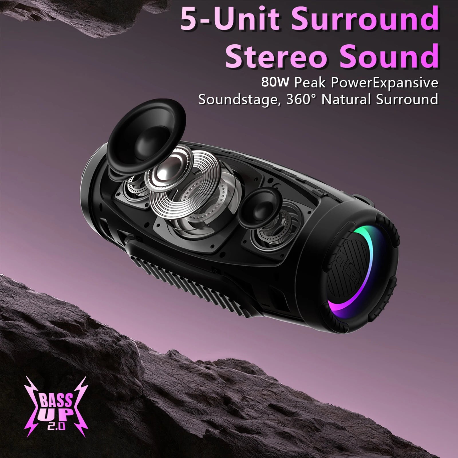 Altavoz Bluetooth Ortizan, Altavoz Portátil con Sonido Estéreo de 60W, Bluetooth 6.0, 20H de Reproducción, Auracast Snyc, Reproducción AUX/USB-Disk