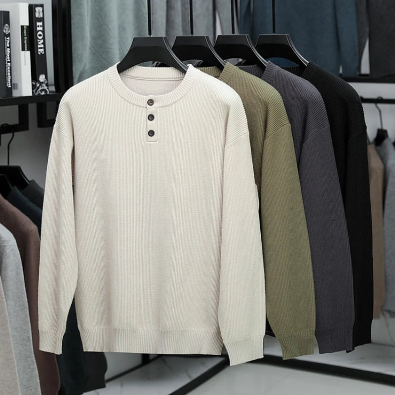 Suéter de punto Henley de peso pesado de 500 g para hombre - Beige (caqui/negro/gris/verde) Otoño Invierno esencial    Toque suave