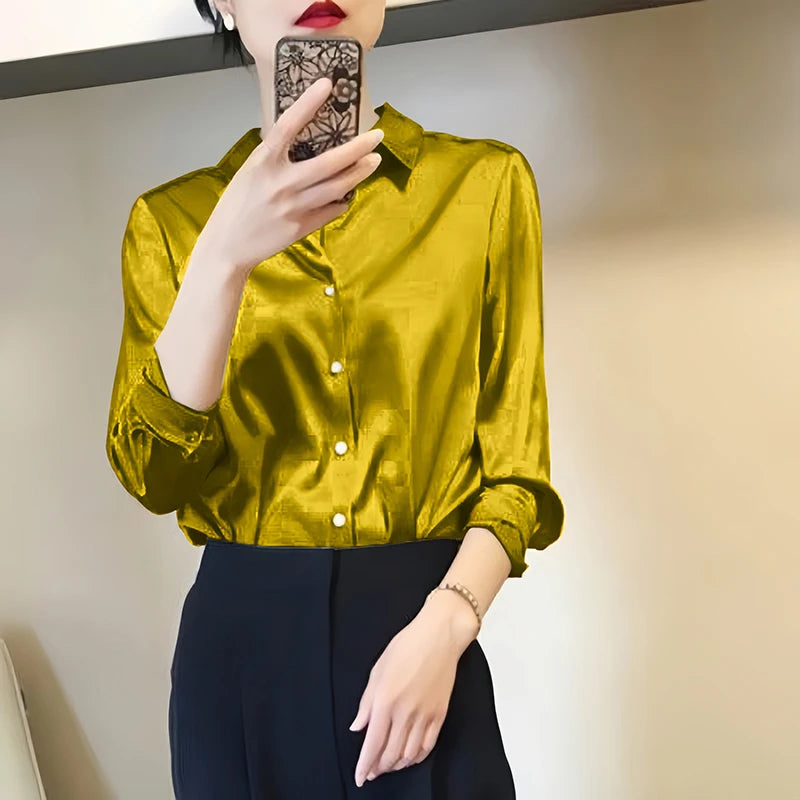 Camisa Satinada de Manga Larga para Mujer, Estilo Elegante