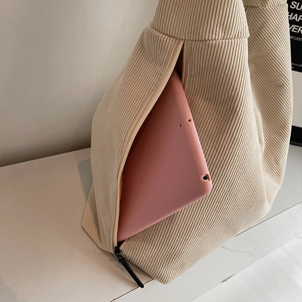 Bolso de Hombro Vintage de Pana, Gran Capacidad con Múltiples Bolsillos