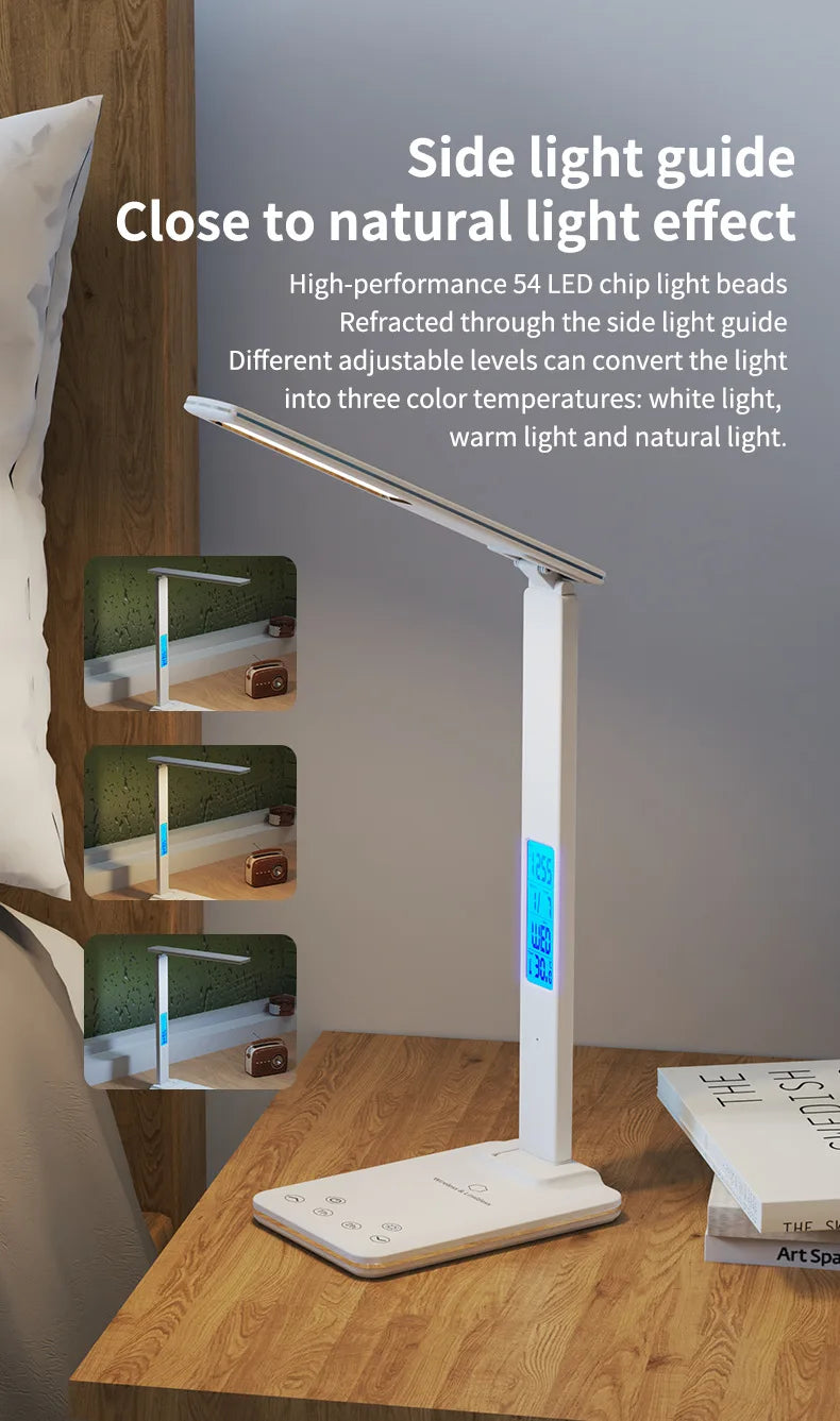 Lámpara de escritorio de lectura plegable, luz de escritorio enchufable USB, 15W, carga inalámbrica para teléfono móvil con tiempo, dormitorio, oficina, protección ocular