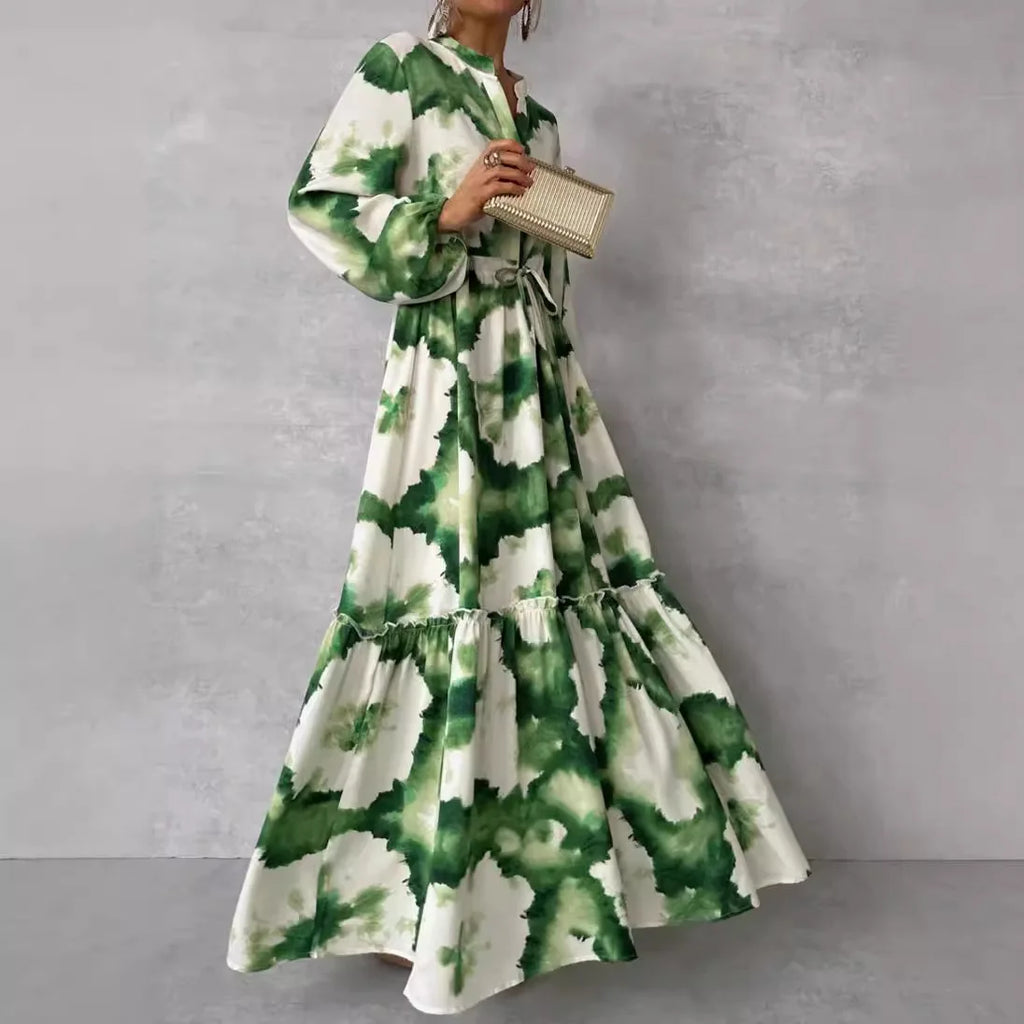 2024 verano elegante mujeres Maxi vestidos moda estampado verde manga larga cuello en V ajuste de cintura Vestido largo Mujer Vestido de fiesta