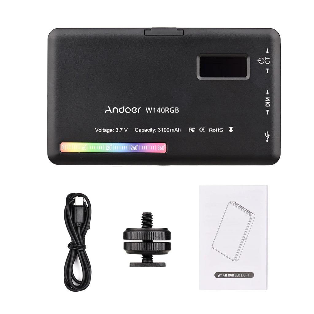 Luz LED Andoer CRI95+ 2500K-9000K Regulable W140 RGB para Video, Recargable, con Pantalla LCD para Vlog