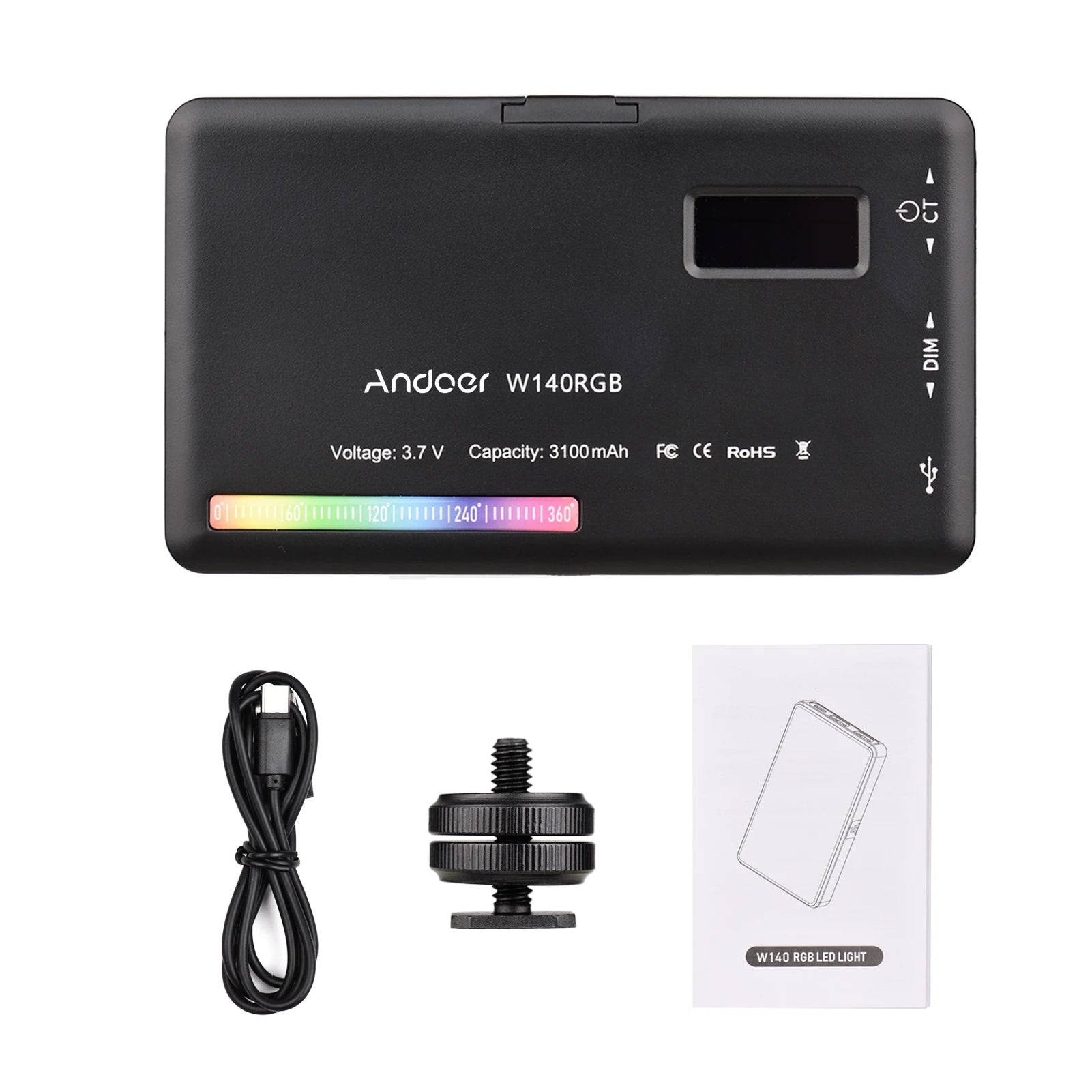 Luz LED Andoer CRI95+ 2500K-9000K Regulable W140 RGB para Video, Recargable, con Pantalla LCD para Vlog